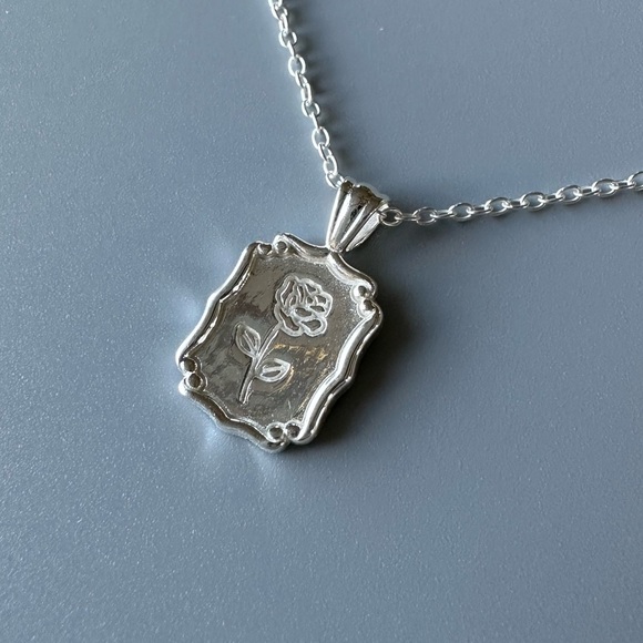 Sterling Silver Birth Flower Necklace Rectangle Pendant - Picture 4 of 9